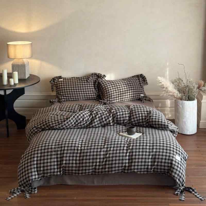 寝具セット 大人用 純綿 二重ガーゼ チェック柄 色織り シンプル 家庭用 四件組 通気性 吸湿速乾 軽量 夏向け ベッドシーツ 枕カバー ..