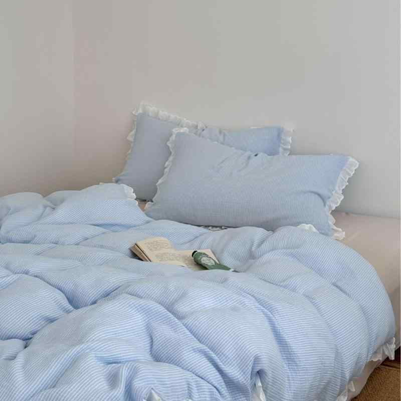 寝具セット ベッドルーム インテリア 春夏 純コットン 軽量 通気性 吸湿速乾 しわ加工 ガーゼ 色織り かわいい 無地 4点セット 掛け布団カバー ベッドシーツ 枕カバー