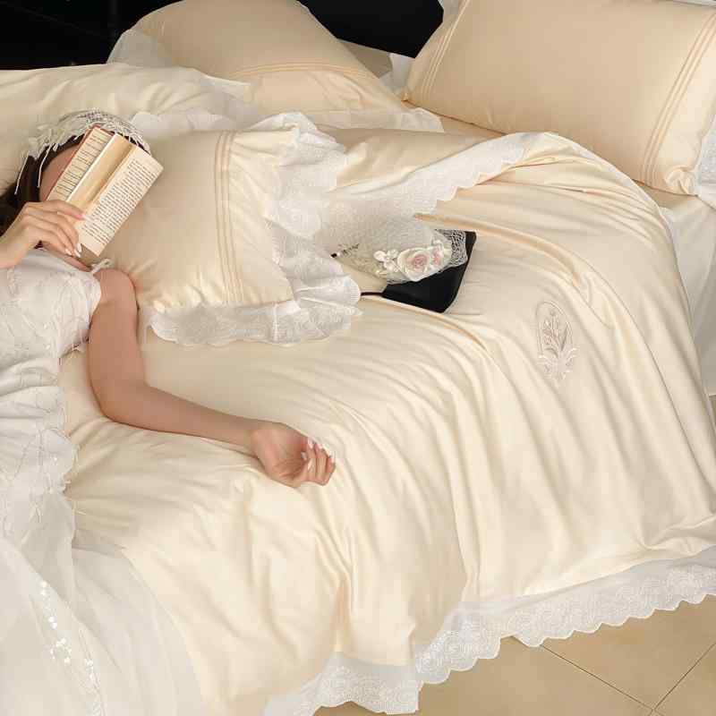 寝具セット 4点セット 純綿100% 長絨綿 レース花辺 ロマンチック ベッドカバー 1.8m ダブルサイズ 快適 吸湿性 通年使用