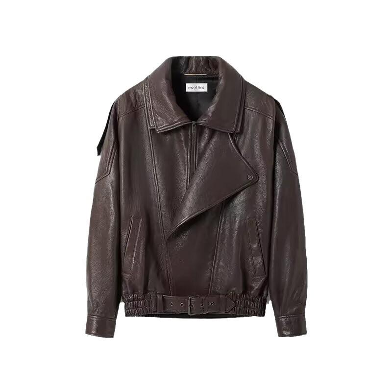 ライダースジャケット レディース ブラウン 合成皮革 ヴィンテージ加工 ルーズフィット 春秋 アメリカ..