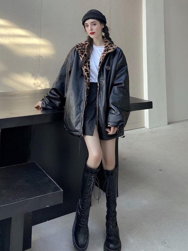 コート レディース 秋冬 ヒョウ柄 ふわふわ ファー リバーシブル 合成皮革 ゆったり 暖か 厚手 コット..