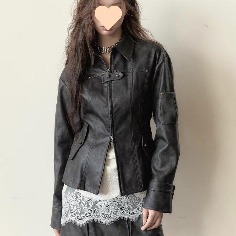 レザージャケット レディース 革ジャン ショートコート アウター トップス 秋冬 復古 バイカースタイル ローズモチーフ スタッド スリム カジュアル ストリート ダーク