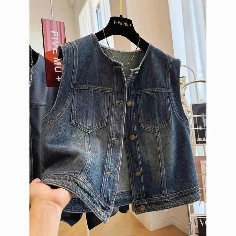 レディース デニムマスト 春夏 レトロ ラウンドネック ゆったり 細見え ノースリーブ トップス デニム..