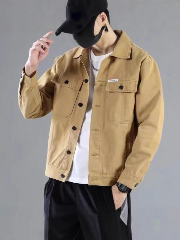 メンズ ジャケット デニム ワーク カジュアル ゆったり 無地 カーキ 多ポケット ベーシック アウトドア 通勤 ストリート ファッション