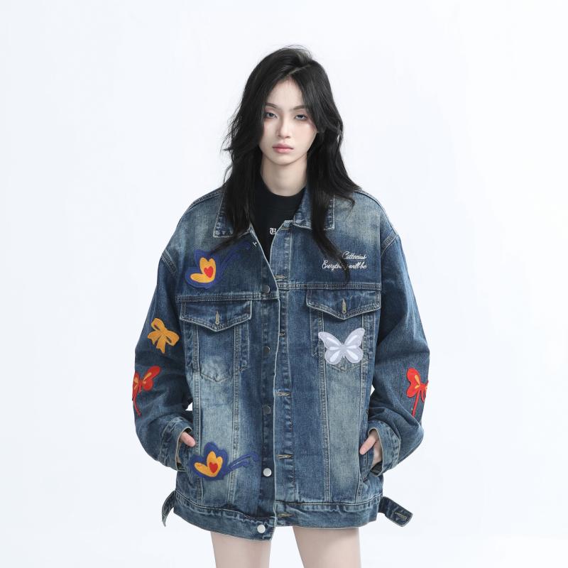 デニムジャケット 男女兼用 春秋 蝶刺繍 ウォッシュド 高級感 韓国風 レトロ カジュアル 刺繍加工 軽量 吸湿速乾 再生繊維 秋冬 通勤 通学 アウトドア 部屋着