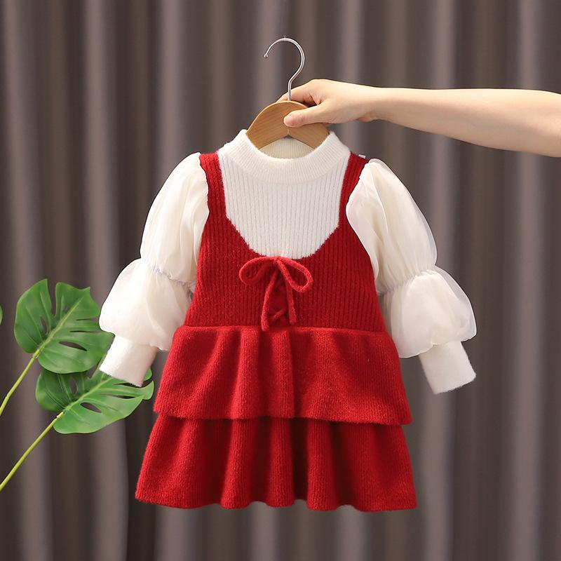 女児 秋冬 ニットワンピース 背広 フェイクツーピース プリーツスカート レーススリーブ 軽量 吸湿速乾 かわいい キッズ 秋冬服 女の子服 ニットドレス 背中開き フレアスカート 網目袖 子供服 秋冬コーデ