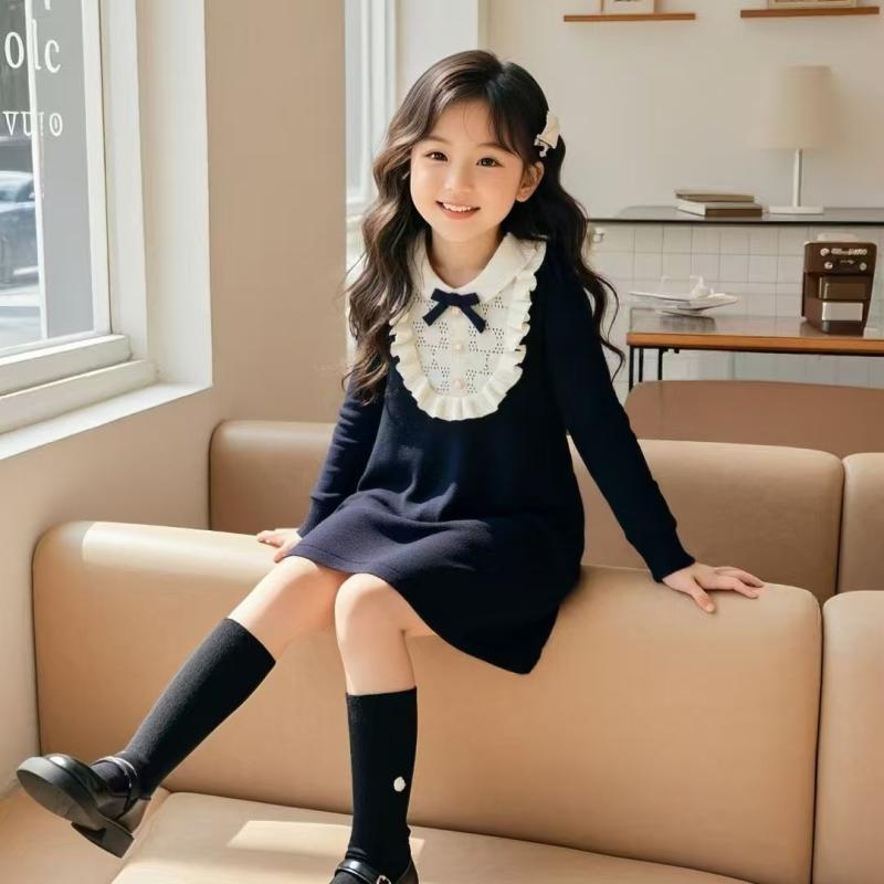 乐天商城 - ワンピース キッズ 女の子 ニット プリンセススカート おしゃれ フリル レース かわいい 子供ドレス 日常 ウール混 接触冷感