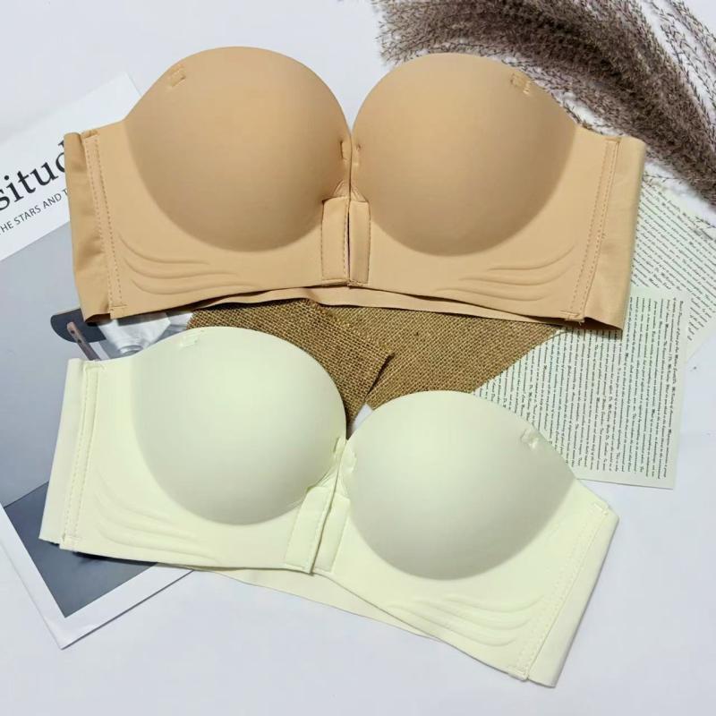 レディース ストラップレスブラ 前ホック 小胸 プッシュアップ 滑り止め 上持ち 美しい背中 シームレス..