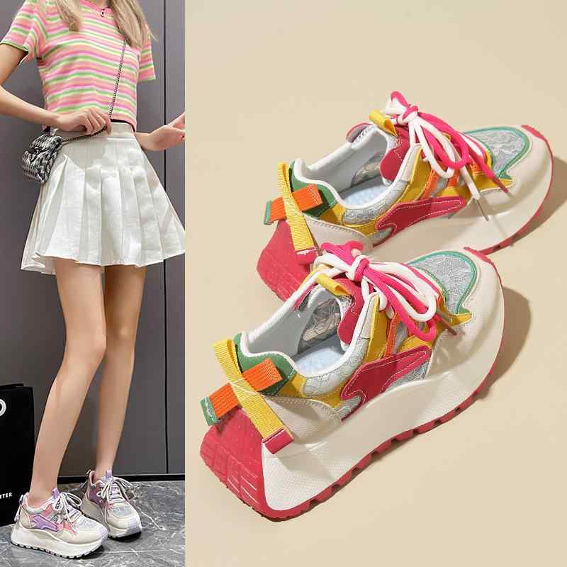 厚底スニーカー レディース 春夏 増高タイプ 通気性素材 切り替えデザイン 多色バリエーション カジュ..
