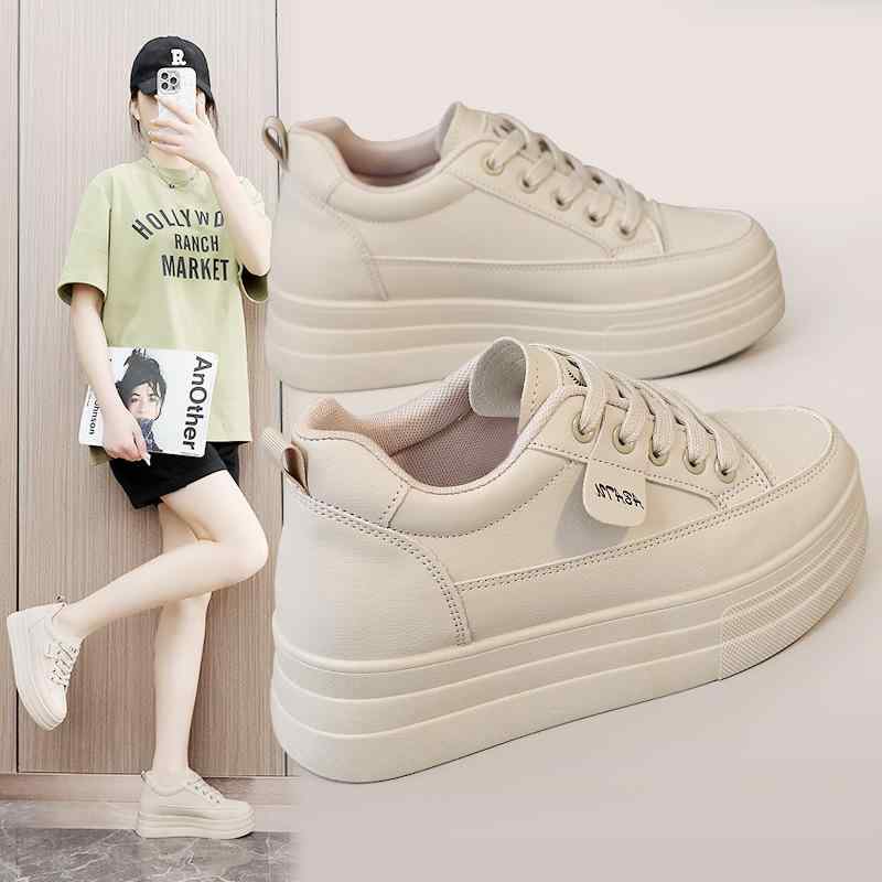 レディース 春夏 厚底インソールシューズ ヒールアップ 本革 白スニーカー プラットフォームソール 百..