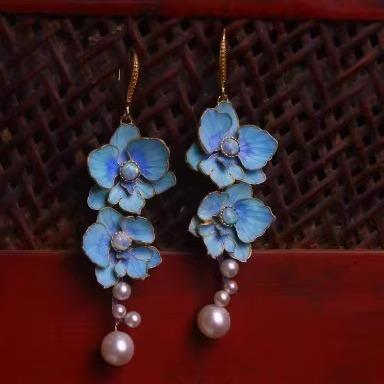 イヤリング レディース クラシカル レトロ 花絲嵌め込み 点翠風 焼藍エナメル 真珠 胡蝶蘭モチーフ ユ..