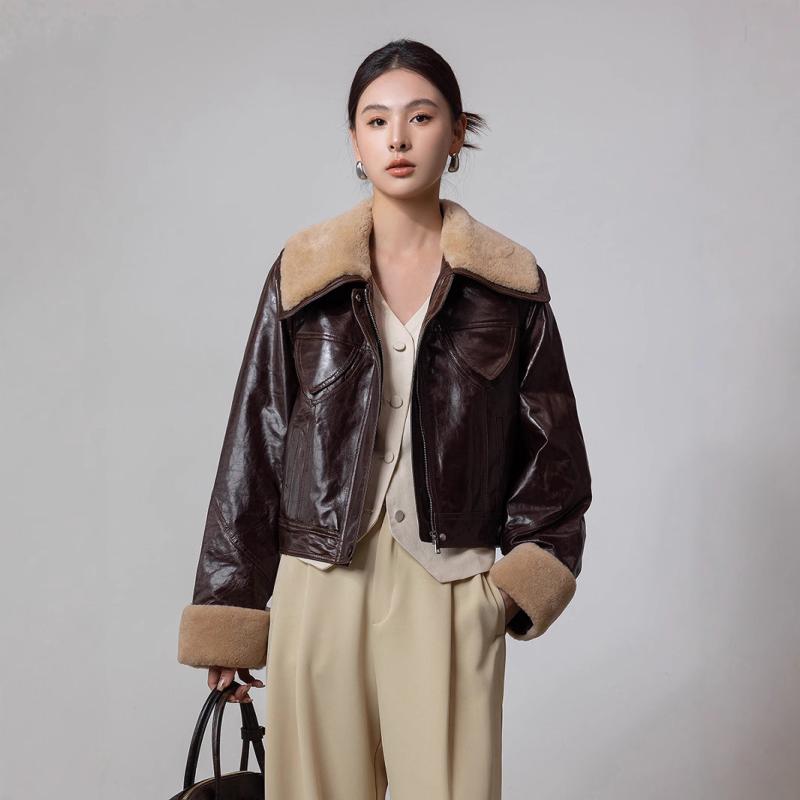 ダウンジャケット レディース 短丈 秋冬 レトロ アメリカンスタイル 羊革 真皮 グースダウン 毛領 皮毛一体 オイルレザー 暖か 街着 通勤 アウトドア 高級感