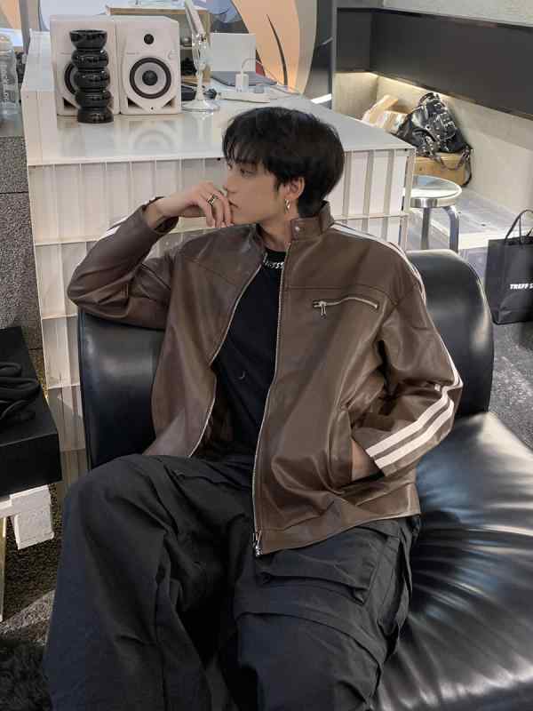 レザージャケット メンズ アメリカン レトロ ストライプ シルエット PU 春秋 高級感 正肩 デザイン 廓形