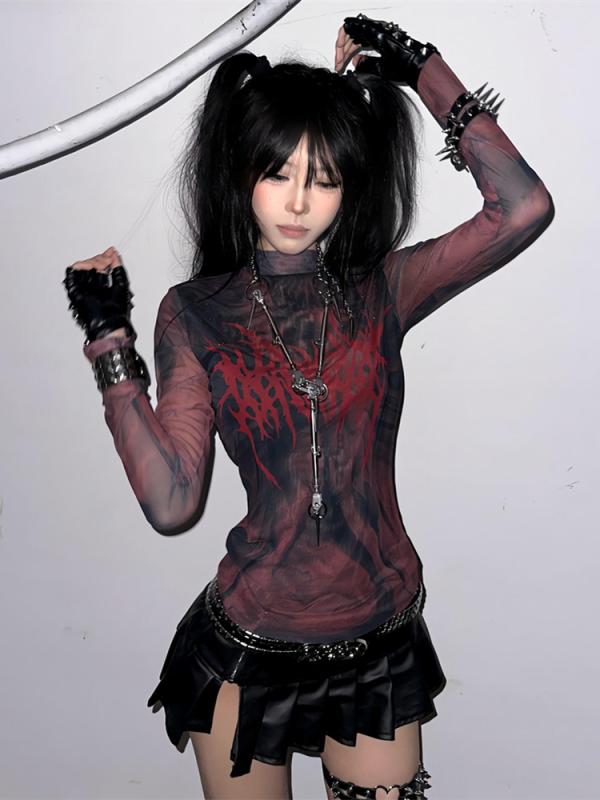 レディース 長袖Tシャツ Y2K レトロ パンク ロック プリント レース メッシュ トップス ストリートファッション ミレニアム スタイル 復古 コーディネート 千禧 辣妹 朋克 摇滚 穿搭 印花 网纱