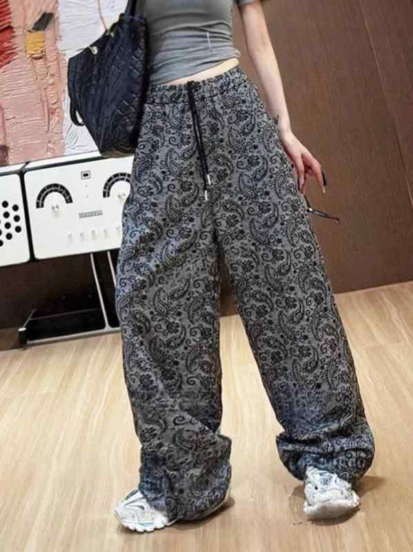 ワイドパンツ レディース ハイウエスト スリム効果 ストレート ロング レトロ 花柄プリント カジュアル 日常使い ボトムス トップスコーデ 秋冬 通勤 通学 アウトドア 軽量 吸湿速乾 綿素材 デニム風 ブラック ピンク系