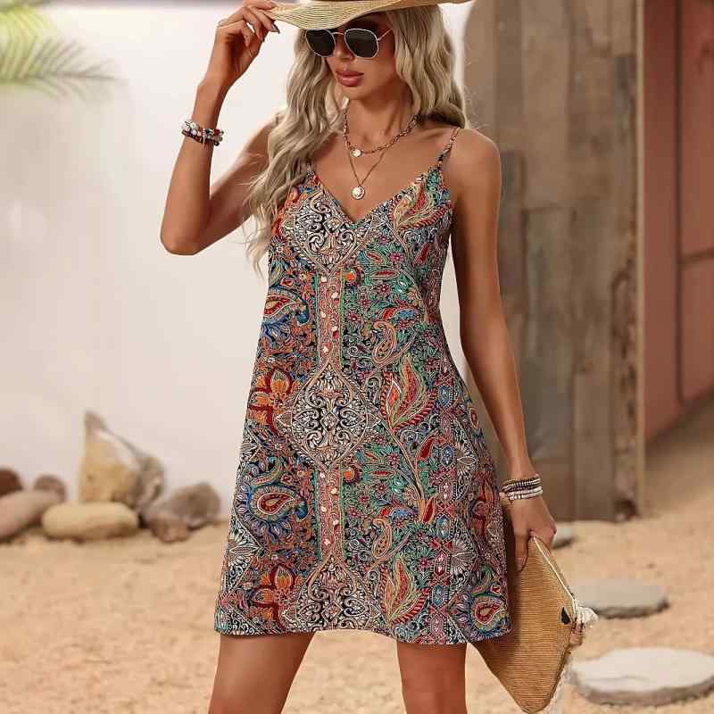 ワンピース レディース 春夏 Vネック キャミワンピース エスニック風 ボヘミアン 民族風 リゾートドレス 吊帯 デザイン 軽やか スタイル 女性服 夏服 度假着 文艺 風