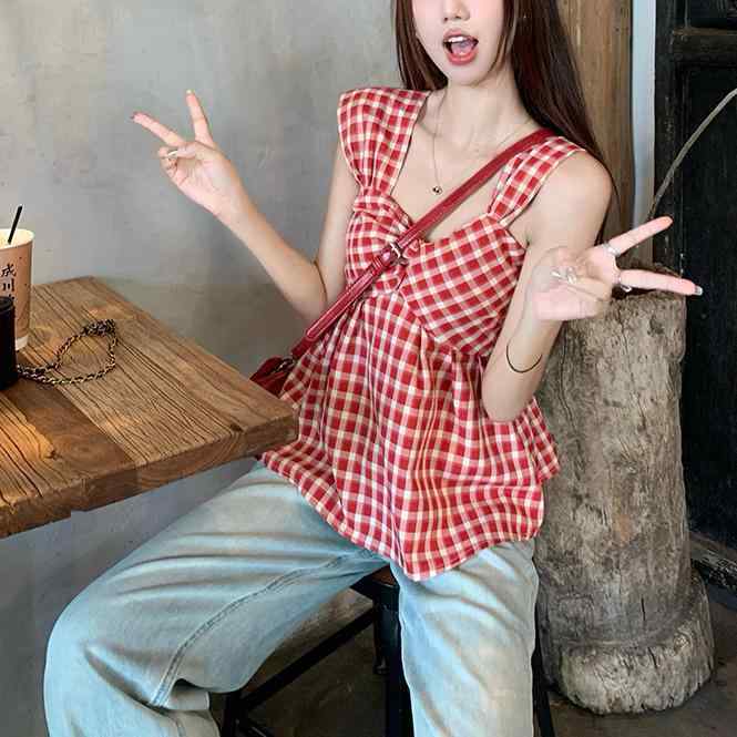 レディース ニットトップス チェック柄 コントラストカラー レトロ 韓国風 ショートスリーブ 春夏 オフショルダー アシンメトリー プリーツ ハイウエスト スリムフィット 吸湿速乾