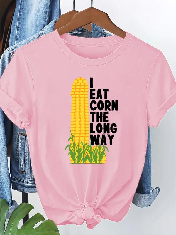 Tシャツ レディース トウモロコシ プリント 縦食べ ユーモア デザイン かわいい カジュアル トップス 日常使い コットン 混紡 半袖 インナー ギフト ラウンドネック グラフィック 柄物 ユニセックス 対応 春夏 秋冬 通年 着回し 抜群 軽量 吸湿