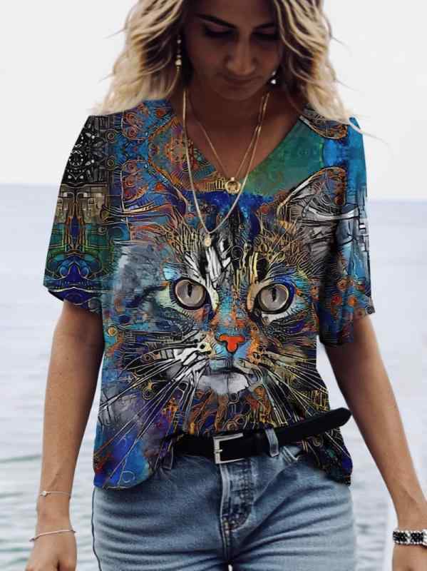 Tシャツ レディース 短袖 Vネック 3Dプリント 日常 スポーツ トップス 原宿風 百搭 合わせやすい アク..