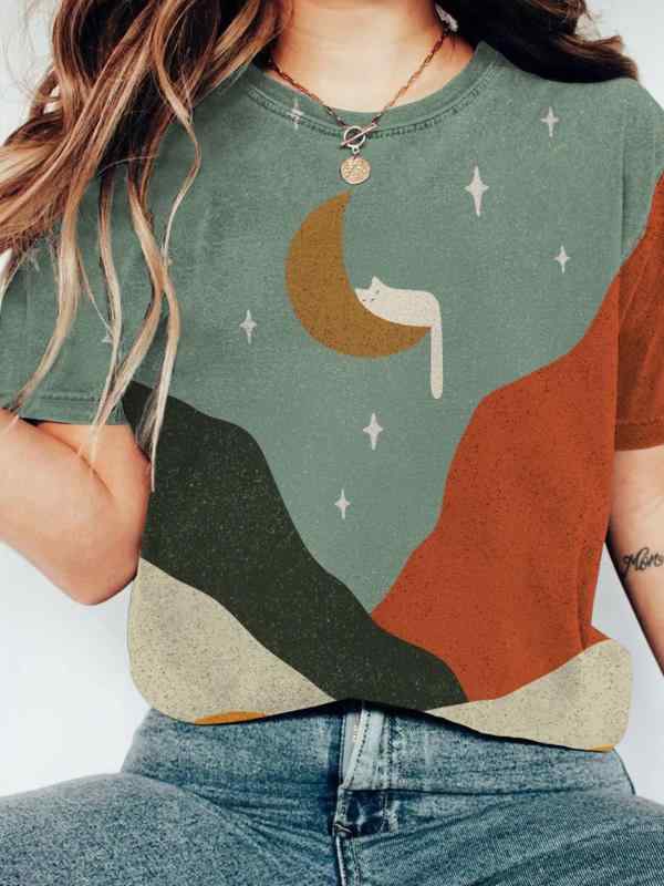Tシャツ レディース 春夏 短袖 ラウンドネック ライン柄 クリエイティブ プリント グラフィック デザイン トップス カジュアル デイリ..