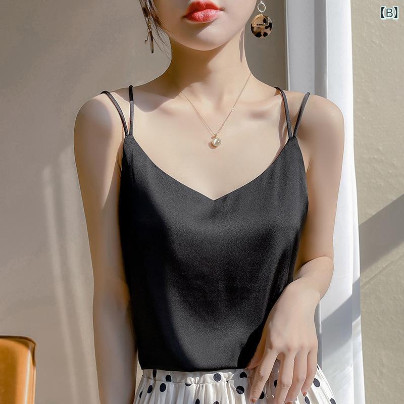 春夏 レディース キャミソール シルク 美背 デザイン セクシー インナー アセテート トップス 打底シャツ 外穿 西装 合わせ 軽量 吸湿速乾 切り替え 3