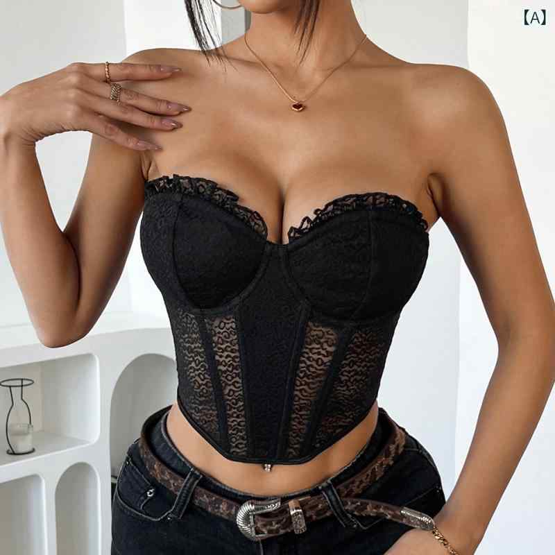 くらしのセロネのレディース コルセット セクシー 透視 オフショルダー レース ワイヤー ボーン かわいい 切り替え デザイン｜アングル2