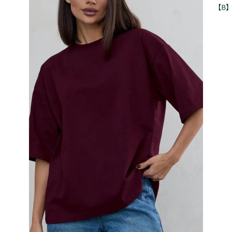 Tシャツ レディース 春夏 綿 中長丈 半袖 ゆったり 純色 トップス カジュアル 日常使い ラフスタイル 吸湿速乾 軽量 3
