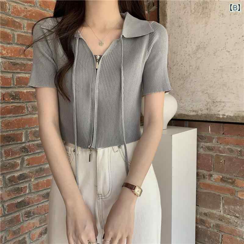 レディース ニットトップス 半袖 ジッパー 襟...の紹介画像3