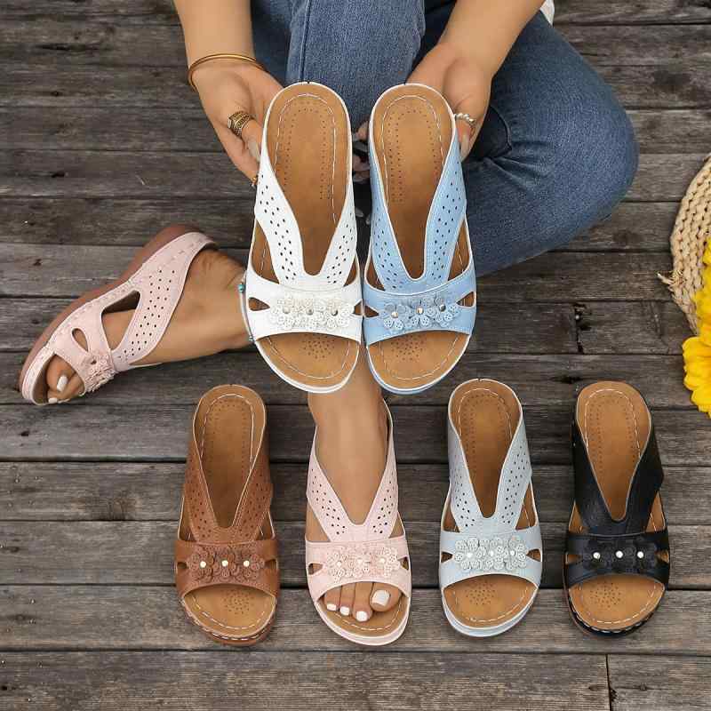 サンダル レディース 春夏 大きいサイズ レトロ 花柄 ウェッジヒール 透け 一文字 屋外用 ビーチサンダ..