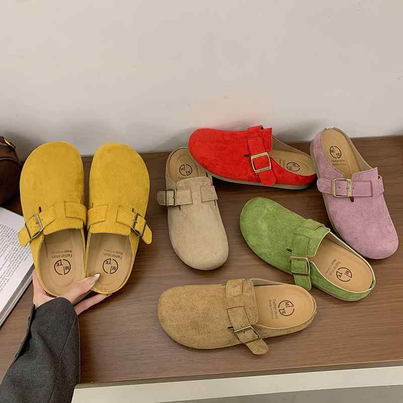 厚底サンダル レディース 秋冬 丸頭 増高 磨砂加工 ベルトバックル イージースリップオン ドラッグシューズ 快適履き心地