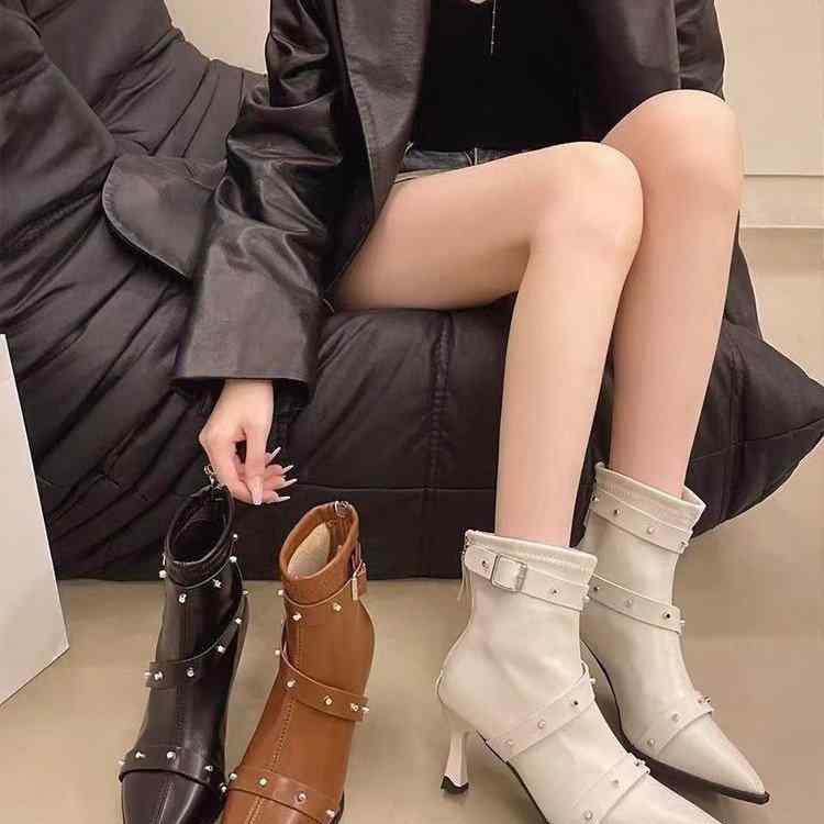 レディース ミドルブーツ ポインテッドトゥ 細ヒール 弾力 スリムフィット リベット ベルトバックル レザー ロング丈 ファッション シューズ ハイヒール 女性用 スタイリッシュ アウトドア 通勤 トップス トップス トップス