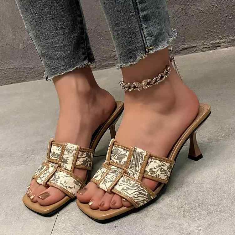 サンダル レディース 春夏 編み込み ストラップ スクエアトゥ ミドルヒール フレンチスタイル 外出用 ..