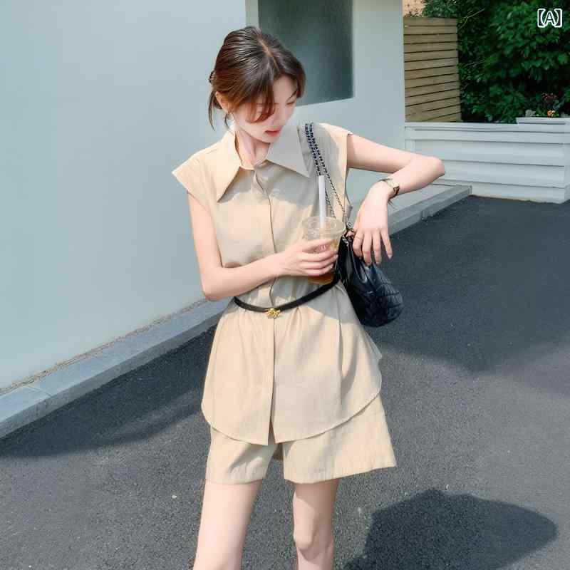 レディース ブラウス シャツ セットアップ ノースリーブ ウエストベルト付き ウエストマーク スタイルアップ 細見え 高見え 上品 きれいめ 韓国ファッション オフィス カジュアル 夏