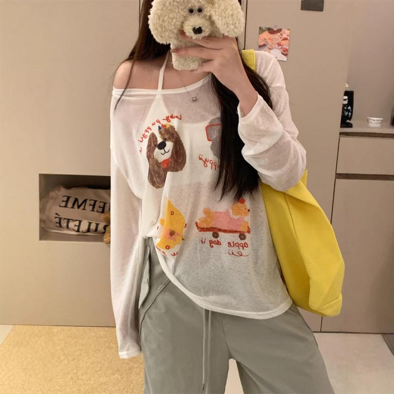 Tシャツ レディース 春夏 薄手 リラックスフィット かわいい犬柄プリント UVカット インナー 防暑 接触冷感 吸湿速乾 部屋着 通勤 通学 アウトドア
