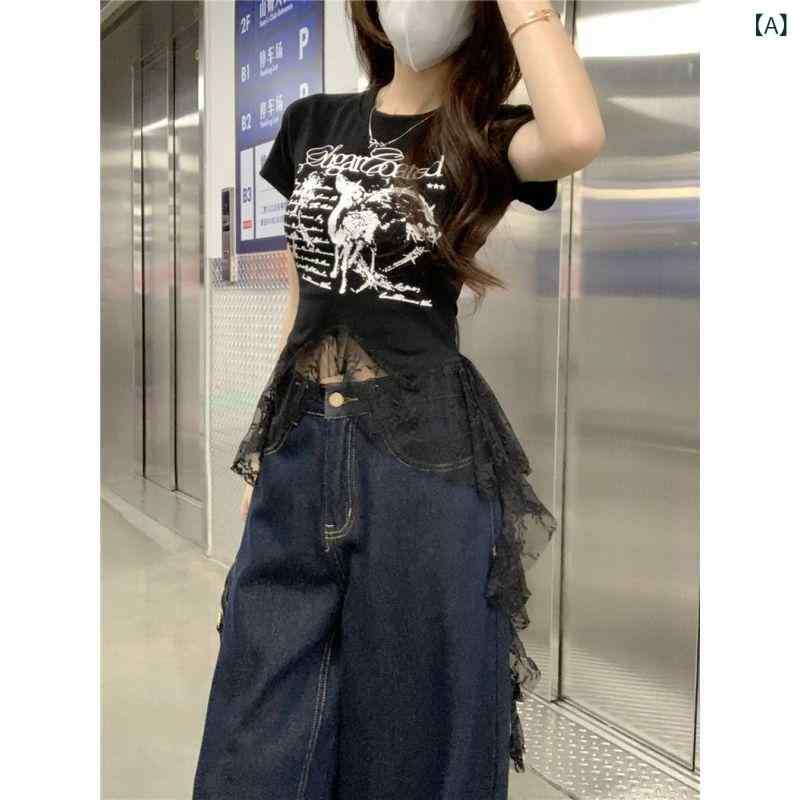 Tシャツ レディース 春夏 短袖 レース 切り替え 裾 アシンメトリー フラワー プリント スリム 短丈 細見せ トップス カジュアル 日常 アメリカンスタイル