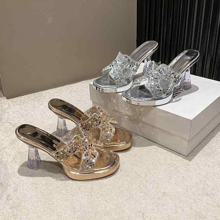 サンダル レディース 春夏 厚底 ハイヒール 防水台 太ヒール ラインストーン 装飾 疲れにくい 欧米風