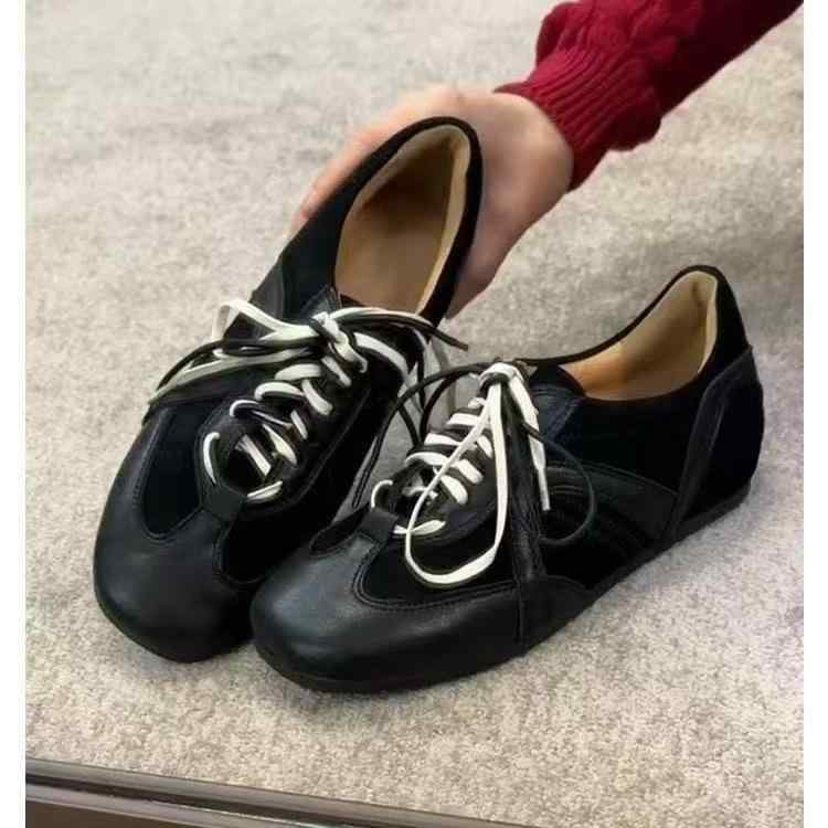 レディース スニーカー レトロ ブラック レースアップ 内増高 ソフトレザー カジュアル スポーツ フラ..