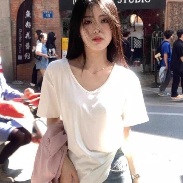 Tシャツ レディース 春夏 綿 白 Vネック 短袖 ゆったり ルーズ カジュアル インナー 着回し トップス ..