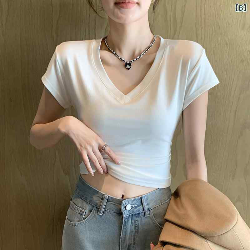 レディース Tシャツ 春夏 Vネック 短袖 スリムフィット 正肩 収腰 スリム効果 ベーシック ユニークデザイン トップス 多用途 軽量 吸湿速乾 綿素材 ブラック ピンク系 3