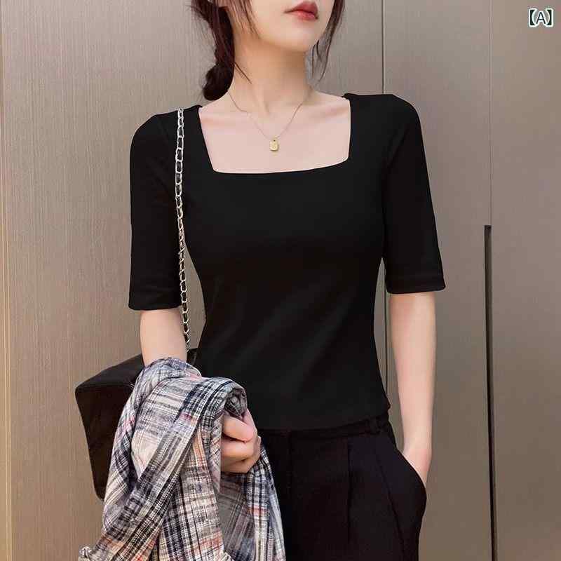 くらしのセロネのTシャツ レディース 春夏 ブラック 半袖 方領 フレンチスタイル ストレートショルダー スリム インナー トップス デザイン 軽量 吸湿速乾｜アングル2