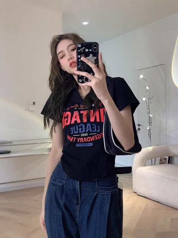 春夏 レディース ポロシャツ Vネック 短袖 収腰 修身 ショート丈 デザイン セクシー トップス ユニーク..