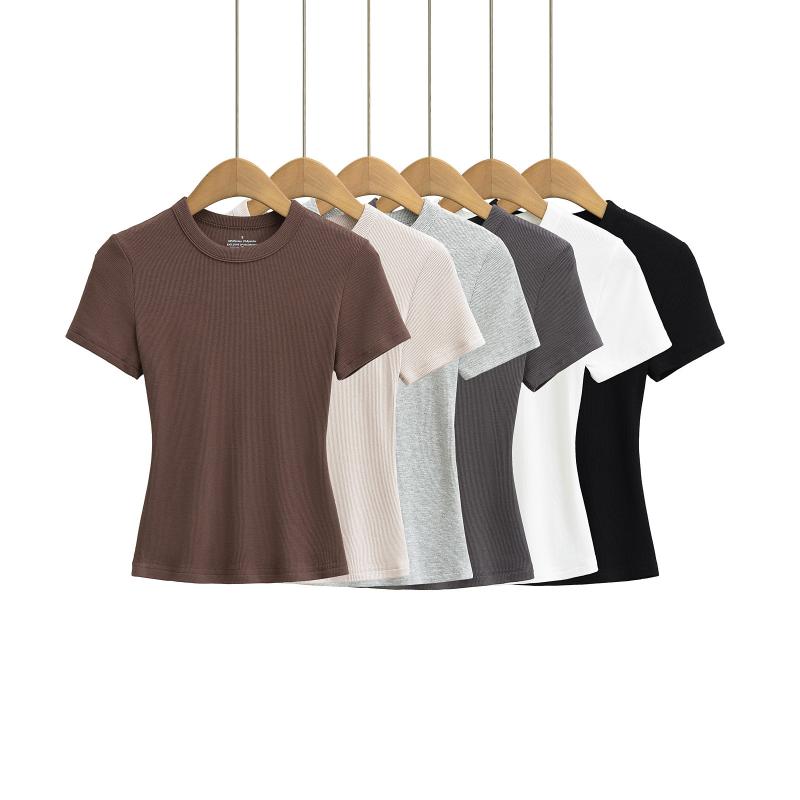 乐天商城 - 春夏 レディース Tシャツ トップス スリムフィット 細見せ インナー シンプル ベーシック クルーネック 短袖 単色 欧米風 スタイリッシュ