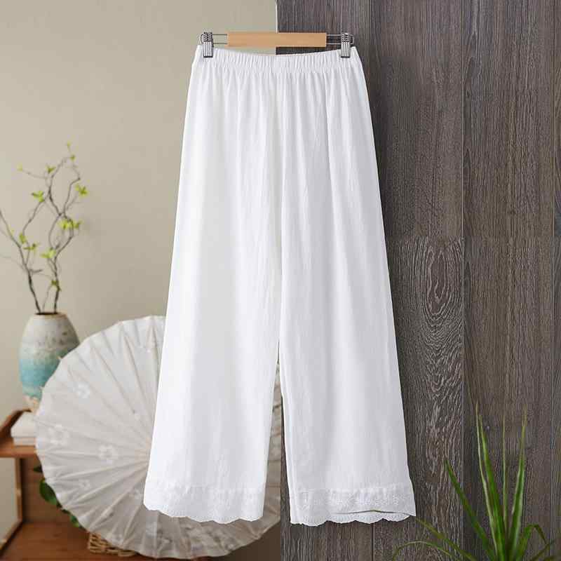 ルームパンツ レディース ワイドレッグ ゆったり 9分丈 フリル刺繍 レース切り替え 部屋着 カジュアル 麻素材 白 ベージュ リラックス インナー ボトムス 刺繍デザイン 花辺 軽やか 日常使い 通勤 通学 アウトドア