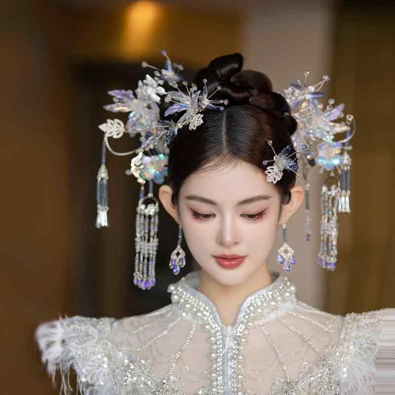 髪飾り 花嫁用 簪 漢服 古典 スタイル 青 淡色系 花柄 結婚 ヘアアクセサリー