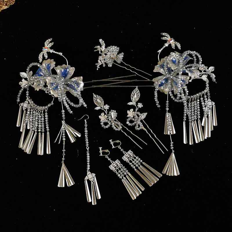 ウェディングヘッドアクセサリー 花嫁 レディース シルバー クリスタル タッセル 花モチーフ ジェル素..