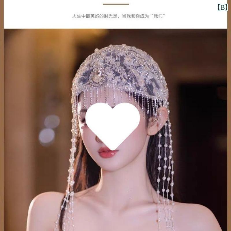 花嫁ヘアアクセサリー ブライダル 手作りビーズ ラインストーン 絹紗 クラゲタッセル ハットヘッドピース 結婚式 ファッション 装飾 ヘッドドレス ウェディング アクセ 3