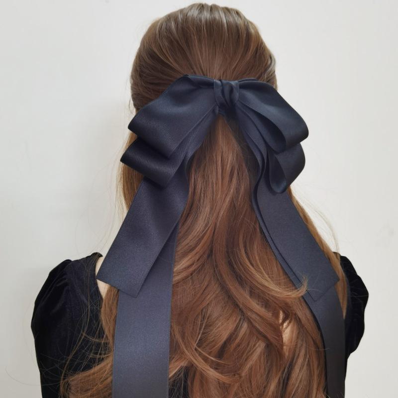 ヘアクリップ 女性 高級感 ブラック ビッグ蝶結 ロングリボン 後頭部用 ヘアアクセサリー 髪飾り ヘア..