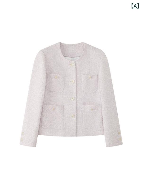 テーラードジャケット レディース 高級感 秋冬 紫 ツイード 質感 上品 通勤 オフィス デイリー レイヤード スタイル モダン デザイン 織り柄 生地 コーディネート