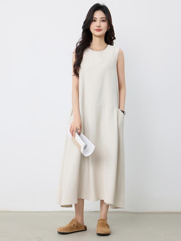 ワンピース レディース 春夏 ノースリーブ ロング丈 フレンチスタイル ラウンドネック デザイン スリムライン 肉カバー 軽量素材 吸湿速乾 日常使い 通勤 通学 アウトドア