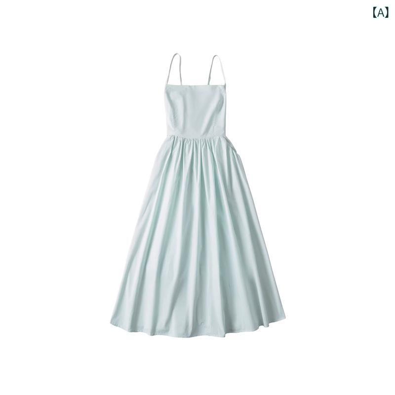 ワンピース レディース 春夏 ビーチ リゾート ロングドレス スクエアネック 背中開き ストラップ スリム ロマンチック バカンス フェミニン スタイル